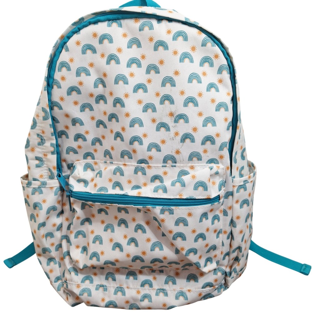 Rainbow Sun‎ Canvas Backpack White Teal Orange School Travel Daypack Bag 14x17
